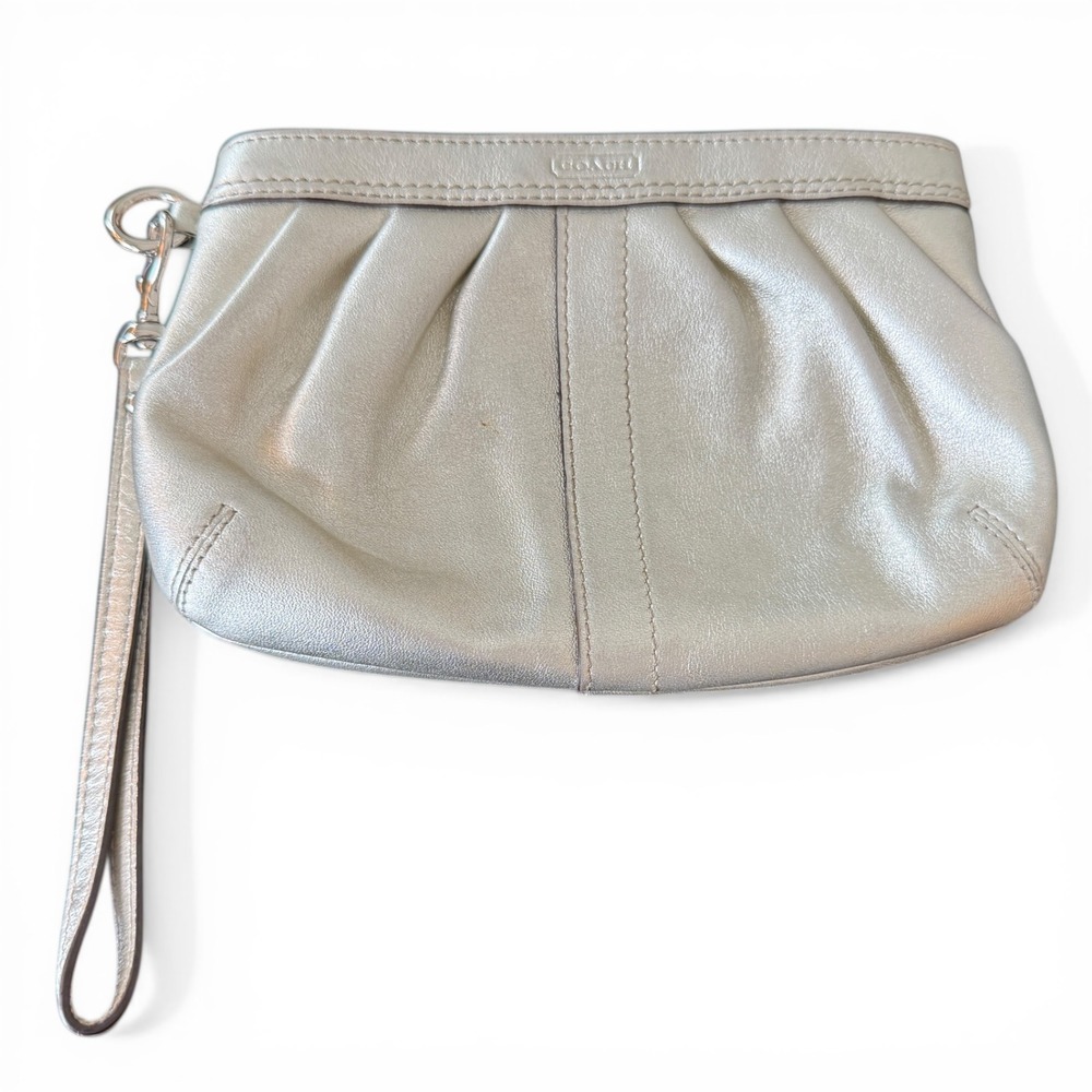 Coach Metallic Silver Leather Wristlet Clutch Small Zip Pouch